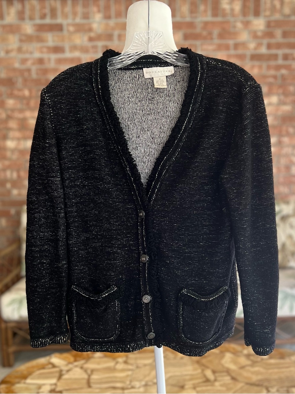 Doncaster Black White Fringe Raw Edge Wool Blend Sweater Cardigan S Quiet Luxury